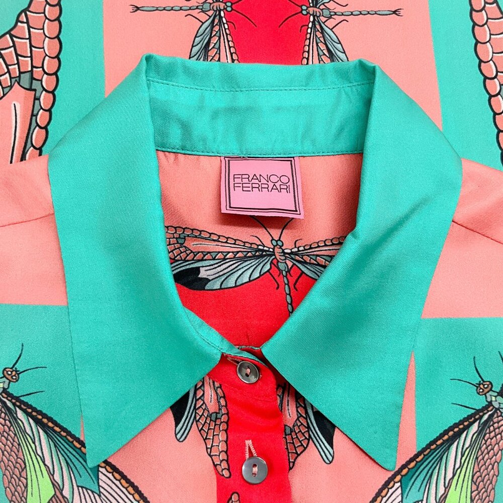Franco Ferrari Coral / Aqua Insect Print Silk Blouse - Picture 4 of 4